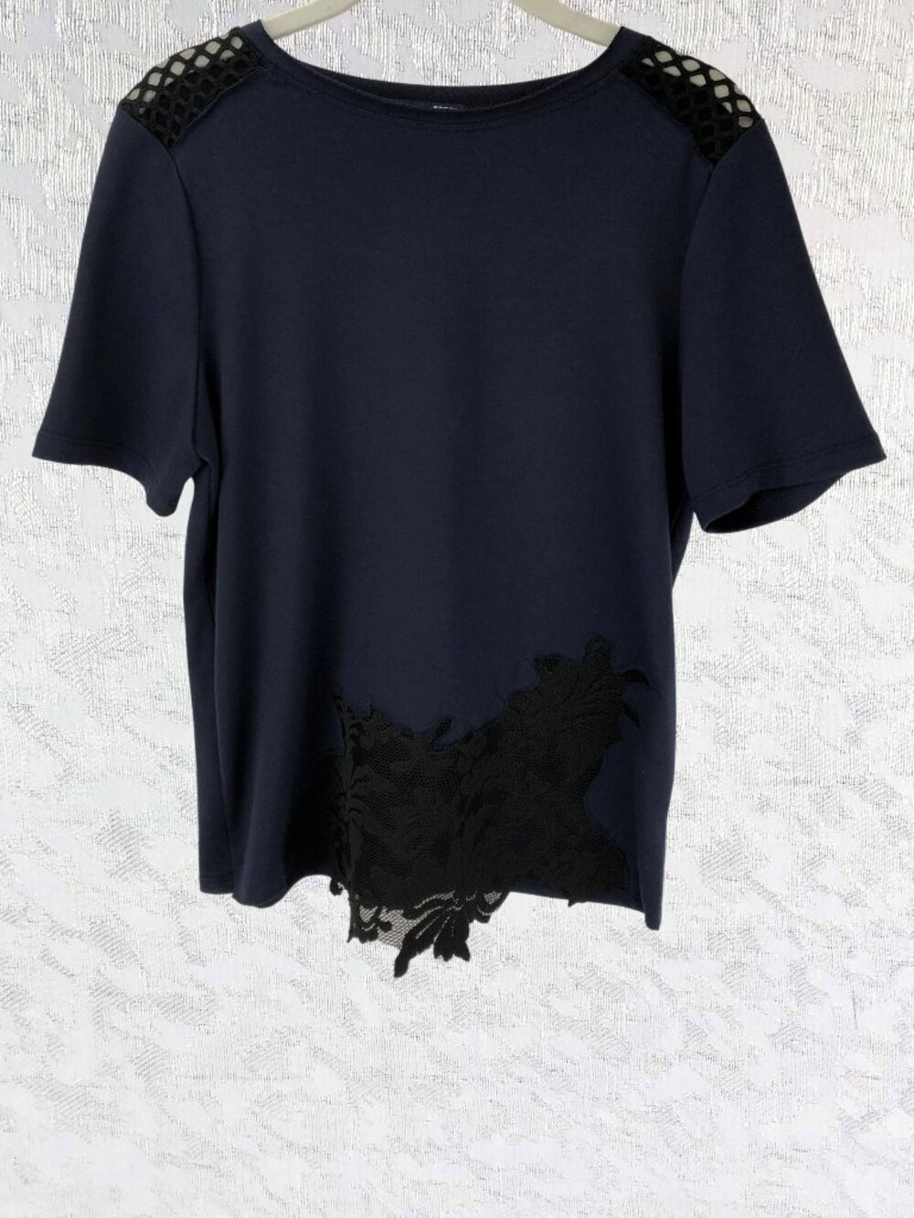 Elie Tahari Sport Chic Dark Blue Blouse with Black Sheer Lace Mesh Trim Size S